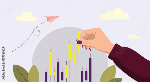 Hand adjusting financial candlestick chart with paper airplane and clouds