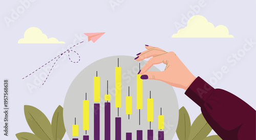 Hand adjusting candlestick chart for financial market analysis and investment strategy
