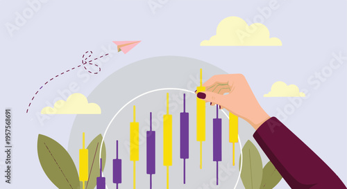 Hand adjusting financial candlestick chart, investment growth concept