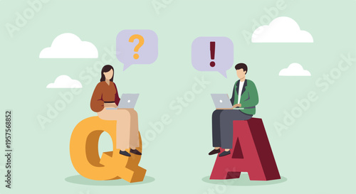 Online Q&A concept with man and woman using laptops for support