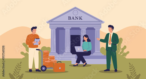 Customers and employees interacting with banking services and wealth management