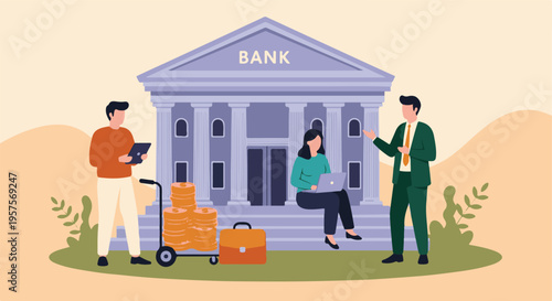 People conducting financial transactions and business services at a bank