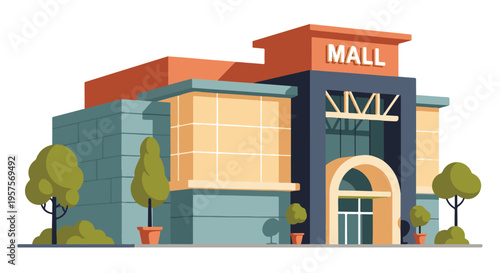 Modern shopping mall building exterior with flat design illustration and trees