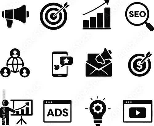 Digital marketing and SEO solid black vector icon set