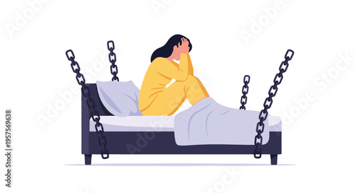 Depressed woman sitting on bed with chains, symbolizing mental health struggle