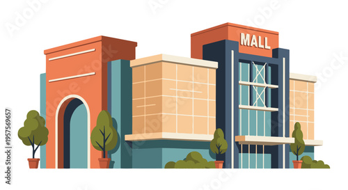 Modern flat design illustration of a shopping mall building with potted plants