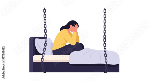 Sad woman on bed with chains, symbolizing mental confinement and despair