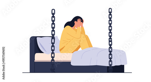 Depressed person chained to bed, symbolizing mental health issues and despair