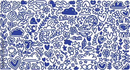 A vibrant digital illustration featuring a diverse array of whimsical doodles and symbols in blue on a white background