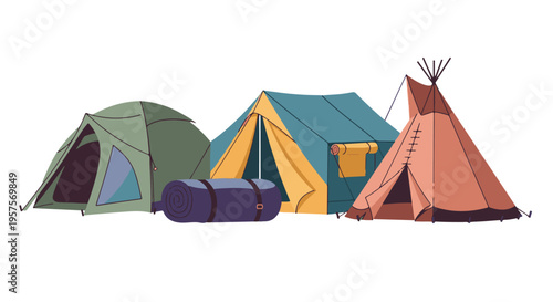 Illustration of diverse camping tents and outdoor gear on white background
