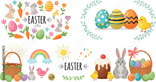 Easter Holiday Set with Bunnies Chicks Decorated Eggs Flowers Rainbow Cake and Baskets Vector Illustration Spring Festive Elements for Greeting Cards Stickers Designs