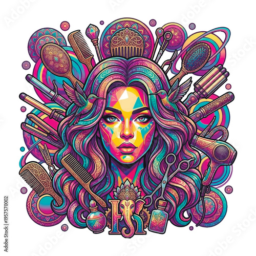 Vibrant hair stylist vector illustration with a beautiful girl, professional salon tools, scissors, and hair dryers. Colorful psychedelic composition featuring hummingbirds and boho mandala patterns.
