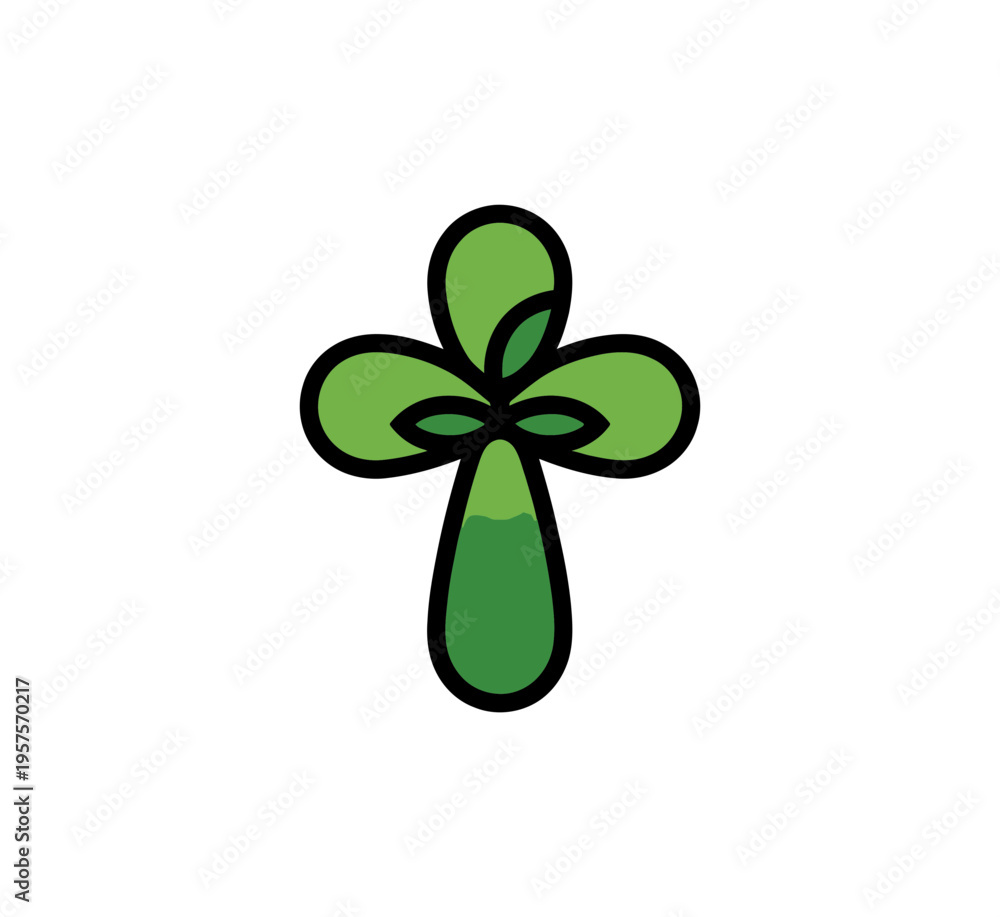 Fototapeta premium A minimalist green four-leaf clover icon with a black outline, symbolizing good luck and fortune in a simple, flat design.