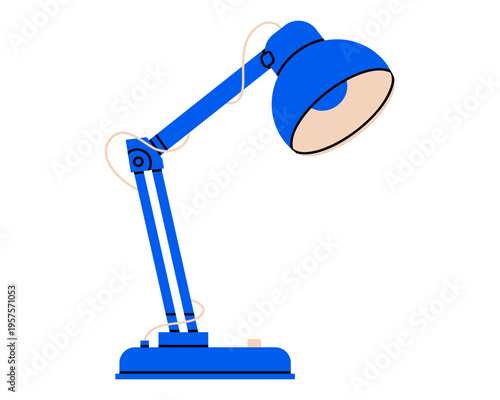 Hand drawn cute illustration of adjustable desk lamp. Flat vector illumination of desktop doodle. Table light source. Home office workplace icon. Reading or education furniture. Isolated.