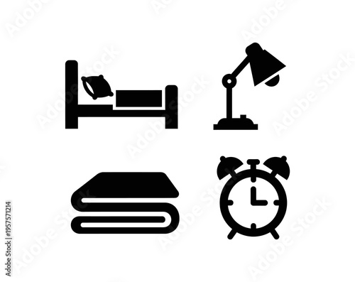 Minimalist black icons depicting fundamental bedroom items a bed, an alarm clock, a lamp, and blankets, representing sleep, comfort, and morning routines