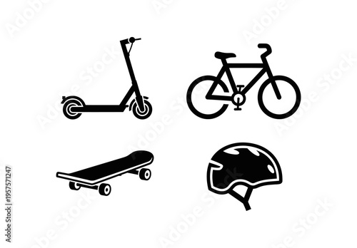 Essential vector icons for personal mobility electric scooter, classic bicycle, skateboard, and protective helmet, symbolizing urban transport and active lifestyles