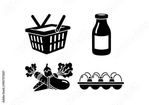 A curated collection of graphic black and white vector icons showcasing everyday grocery essentials like a shopping basket, fresh produce, milk, and eggs, suitable for retail and food-related design