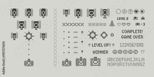 Retro 8-bit shooter arcade game creator set with, tanks, weapon, game sprites, assets, font alphabet. Pixelated tank arcade template in vintage 8-bit computer game style. Editable vector template