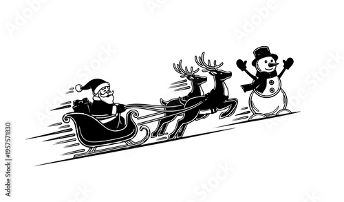 Dynamic neon Christmas scene Santa sleigh reindeer snowman glowing festive vector illustration