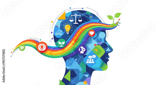 Abstract human head profile with colorful ideas, growth, and balance symbols