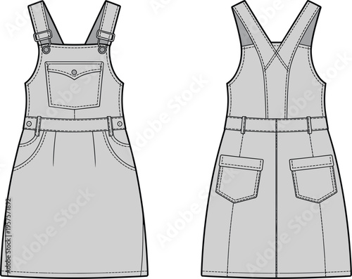 Technical fashion flat sketch of women's denim pinafore dress, front and back view vector illustration