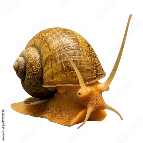 A close up view of a snail with a brown shell isolated on transparent background