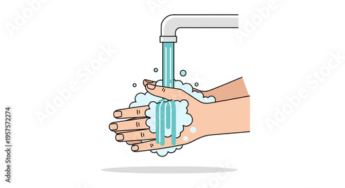 Washing Hands Under Faucet with Soap and Bubbles, Hygiene Concept