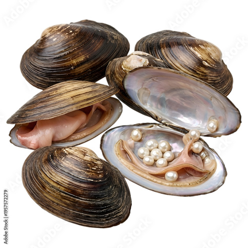 A group of open clam shells with pearls isolated on transparent background