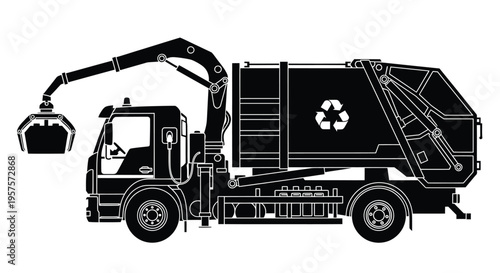 A specialized garbage truck, prominently displaying a recycling symbol, is depicted with an articulated robotic arm extending to collect waste, highlighting modern waste management practices