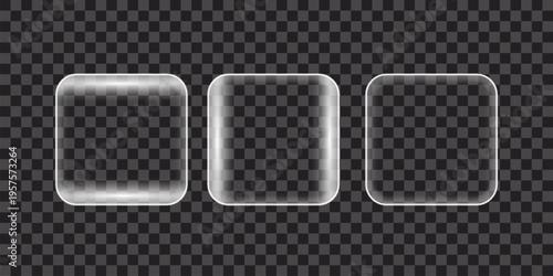 Transparent square glass buttons set. Minimalist rounded frames with glossy reflections for modern UI and UX design. Collection of clean interactive elements on dark checker background. Vector