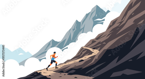 Man running uphill on a mountain trail demonstrating determination and physical endurance.