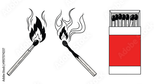 Black and white illustration of burning matches and a matchbox
