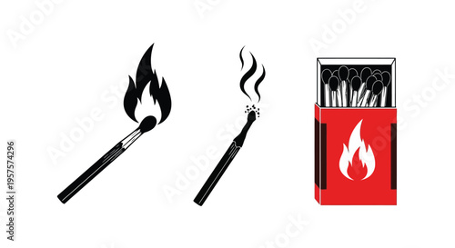 Burning and unlit matches with a matchbox depicted in a graphic style