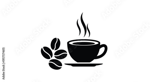 A simple black silhouette of a coffee cup with beans and rising steam