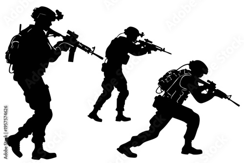 A vector graphic illustration of three soldiers in silhouette, advancing with guns and backpacks in a tactical formation.