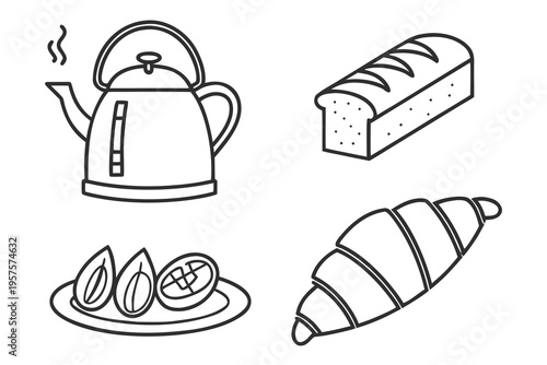A minimalist vector illustration of a kettle and various baked goods on a clean white background