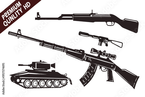 A vector graphic illustration of various military weapons and a tank in black silhouette on a white background