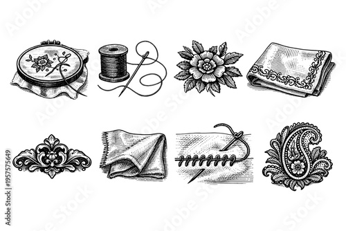 Collection of vintage sewing and embroidery elements in a detailed engraving style