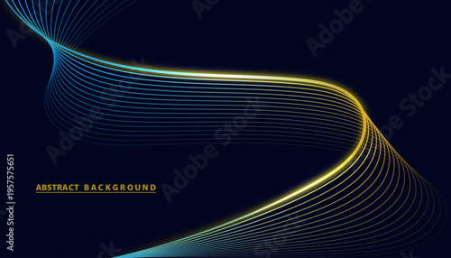 Elegant dark abstract background with glowing golden and blue curved line waves creating a modern futuristic light flow design perfect for luxury technology visuals and digital presentations.