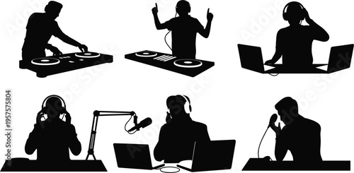 Set of diverse DJ and podcaster silhouettes, flat vector illustration of radio hosts and music performers
