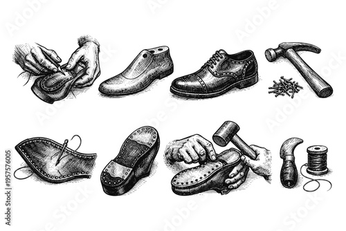 Vintage illustration of shoemaking process with tools and materials