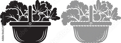 Two hanging baskets filled with lush green plants and decorative elements