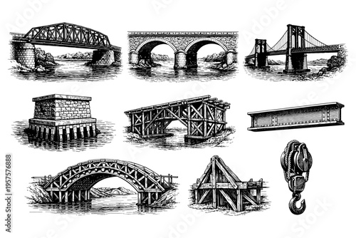 Collection of vintage bridge designs and construction elements in detailed engraving style
