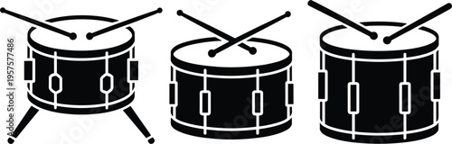 Set of three snare drum icons with drumsticks, flat vector illustration of percussion instruments for music