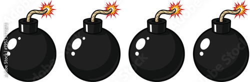 Cartoon illustration of four black spherical bombs with lit sparking fuses in a row for danger and action design.