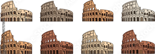 Colosseum Icon Set with Various Illustrations of the Roman Amphitheater in Different Colorations and Styles for Historical, Cultural, and Digital Media Projects