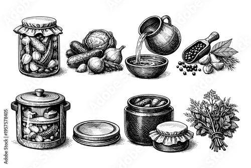 Vintage illustration of preserving vegetables and spices for homemade pickles