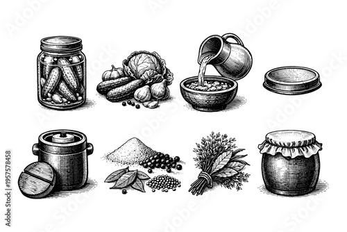 Vintage illustration of ingredients and tools for preserving food