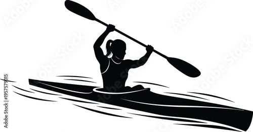 Dynamic silhouette of person kayaking with paddle raised above head in narrow boat gliding through water waves, representing outdoor adventure, sport, and recreational activity