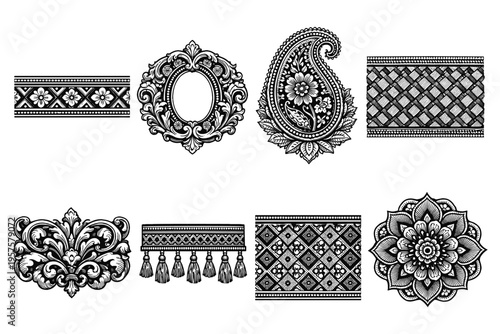 Collection of ornate black and white decorative elements and borders